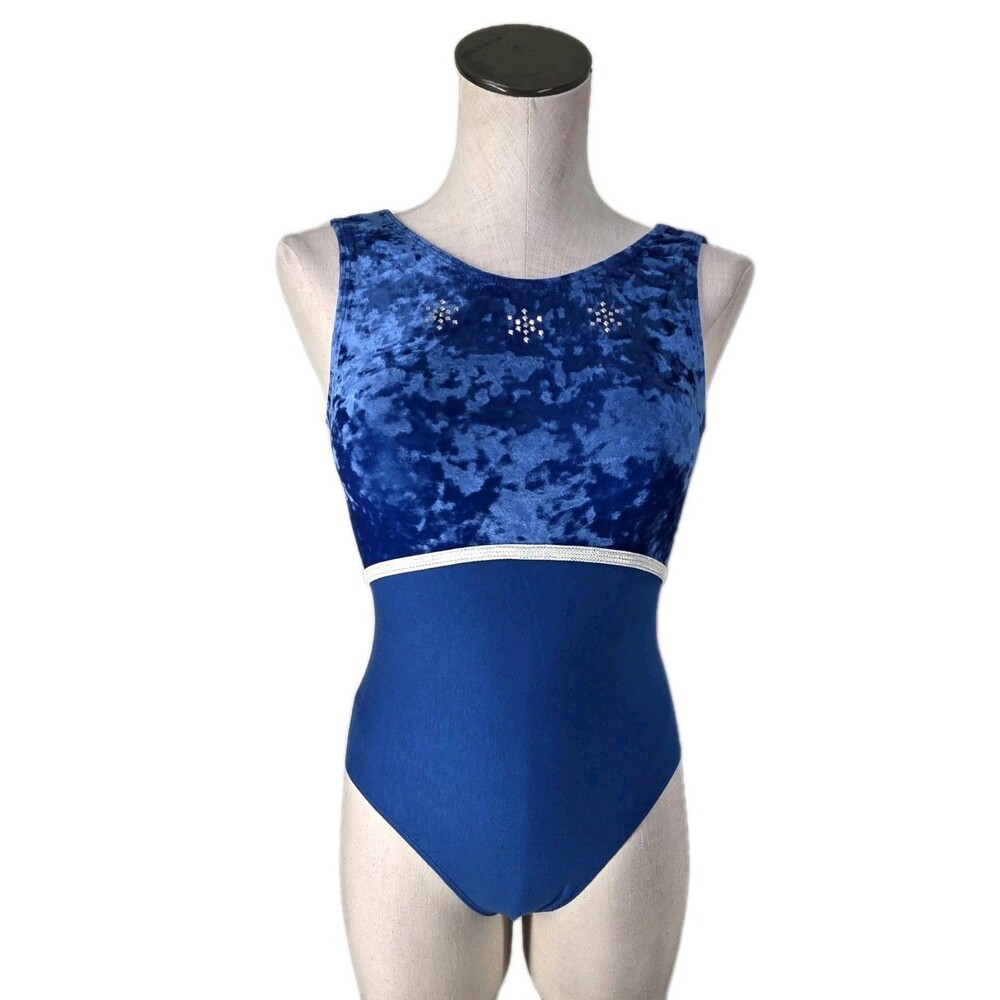 GK Elite VTG 90s Crushed Velvet Cotton Bling Sparkle Tank Leotard Blue Size AL